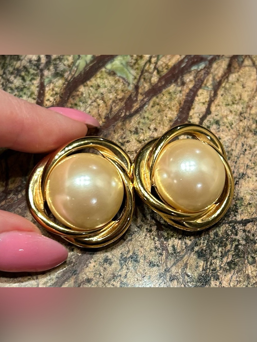 Vintage Richelieu Gold Tone Faux Pearl Swirl Clip-On Earrings